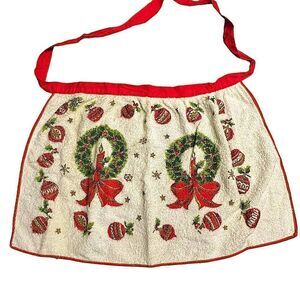 Vintage Mid Century Hostess Apron - Holiday Wreath design terry cloth